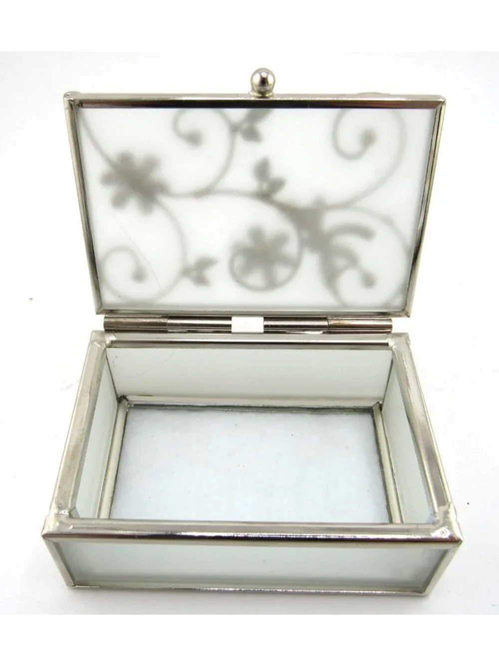 VINTAGE DRAGONFLY/FLORAL FROSTED GLASS METAL TRIM VANITY TRINKET JEWELRY BOX